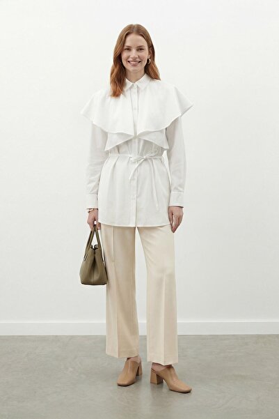 Loreen Women's Shirt with Collar, Cape Detail, and Lace-Up - 20758Gml - Ecru