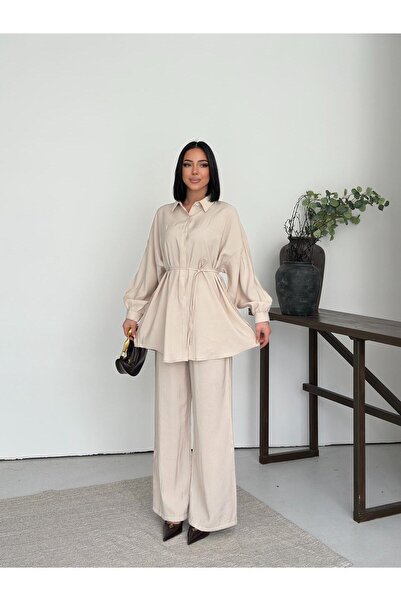 sportiness Soft Textured Buttoned Shirt and Trousers Set with Tie Detail