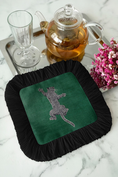 Evimde Bambaşka Leopard Motif Luxury Fringed Decorative Fabric Napkin - Bohem...