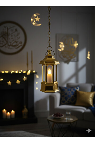 DODOMAR Ramazan Ledli Dekoratif Fener Altın Renk 10 cm Masa ve Raf Süsü