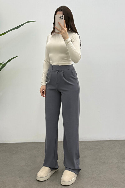Bipantolon بنطلون بلازو نسائي رمادي اللون بخصر مرتفع وتفاصيل إغلاق بالفيلكرو