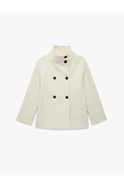 Koton Long Sleeve Buttoned Pocketed Stand Collar Cashmere Coat