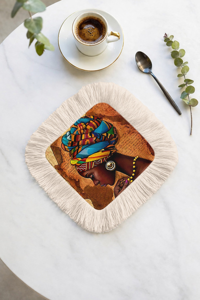 Evimde Bambaşka منديل تقديم مستوحى من أفريقيا بحواف مزخرفة - منديل تقديم بتصم...