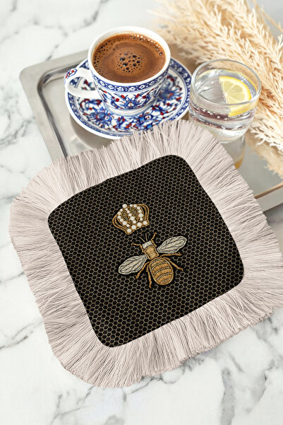 Evimde Bambaşka Șervețel de prezentare cu franjuri, brodat cu albine regale -...