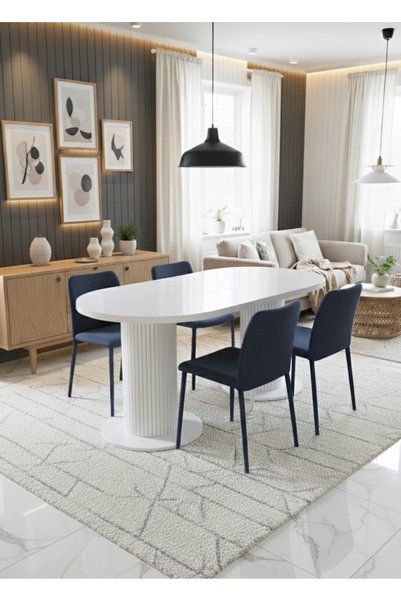 OlcayAksesuar Oslo 180x90x74cm (36MM KALIN KENARLI) Oval Beyaz Sütunlu Mutfak Masası (SANDALYE YOK SADECE MASADIR)
