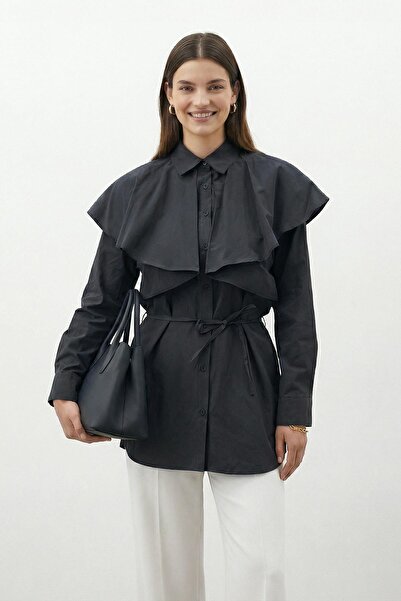 Loreen Women's Shirt with Collar, Cape Detail, and Lace-Up - 20758Gml - Black