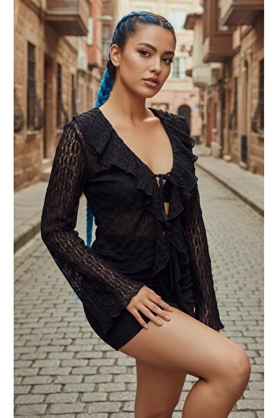 SİA LESS Transparent Lycra Tulle Body Blouse Long Sleeve Self Patterned Sport...