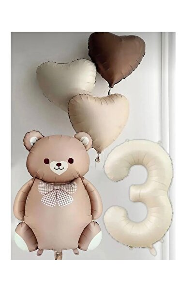 Çemrek Süs Parti Brown Bear Balloon Age and Heart Balloon Set 5 Pieces