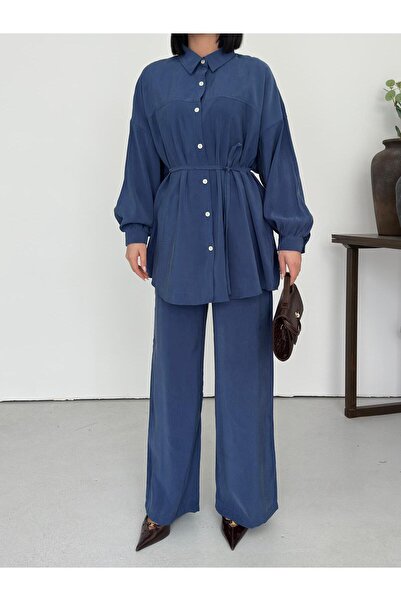 sportiness Soft Textured Buttoned Shirt and Trousers Set with Tie Detail