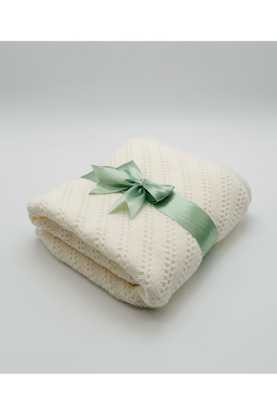MOOKODI Knitted blanket lined with cocolino - cream with olive green pamblica