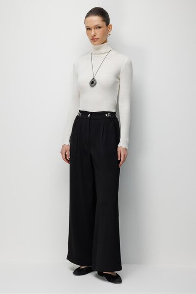 Mixray 4792 women's overlap hook detailed flowy pants black