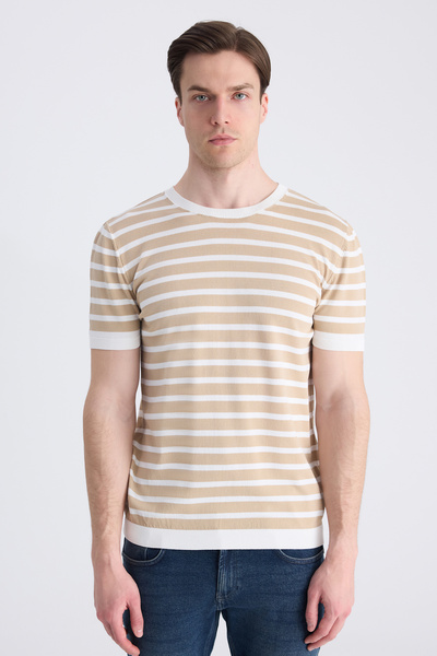 D'S Damat Ds Damat Slim Fit Μπεζ Καλοκαιρινό Πλεκτό Μπλουζάκι από Ραγιόν