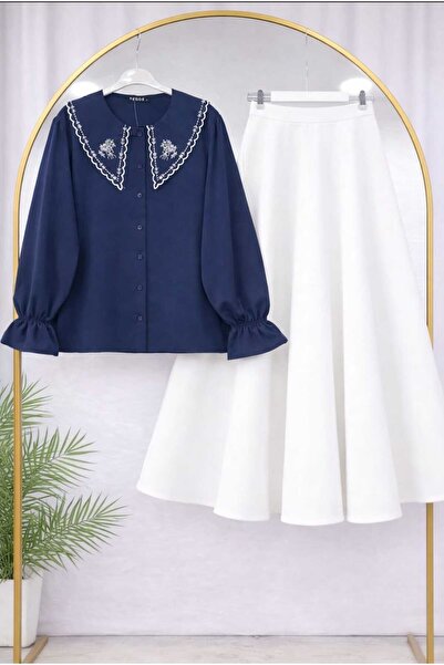 MODA VEDAT Kadın Yaka İşlemeli Gömlek - Puf Scuba Etekli Takım -520