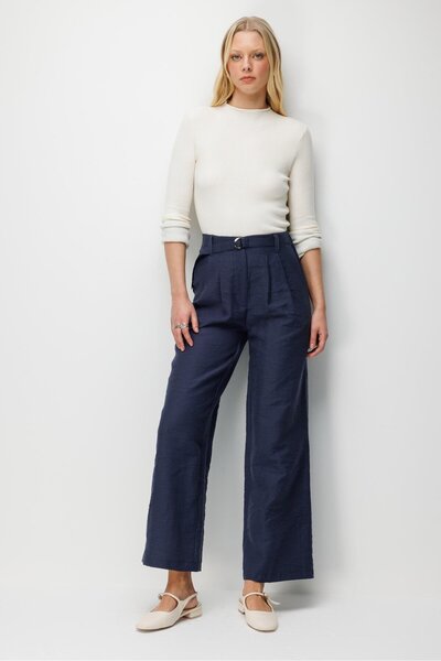 Mixray 4808 Women's Wide Leg Pants with Buckle Detail, Navy Blue