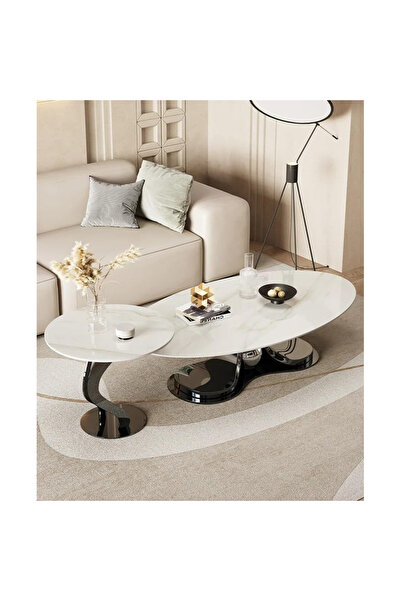 AWD Modern Coffee Table Set, Oval Center Table with Round Side Table, Stainle...