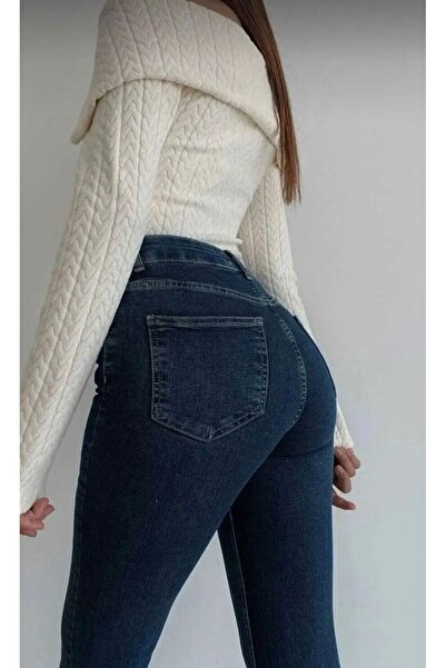 ON KLEEM بنطلون جينز نسائي من الليكرا ذو خصر عالٍ للغاية باللون الأزرق الداكن...