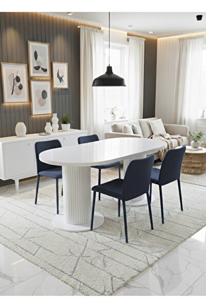 Arvessohome Oslo 180x90 cm (36MM KALIN KENARLI) Oval Beyaz Sütunlu Mutfak Mas...