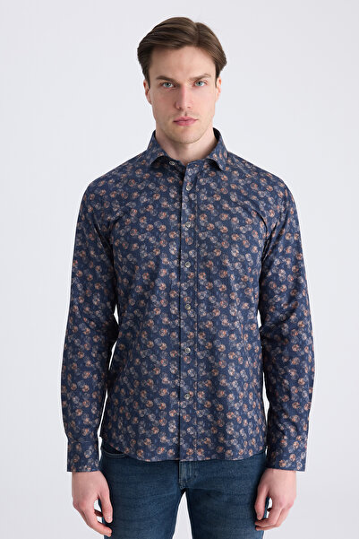 D'S Damat Ds Damat Slim Fit Navy Blue Printed 100% Cotton Shirt