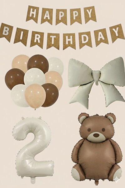 Çemrek Süs Parti Kraft Happy Birthday Lettering Foil Bear Balloon and Bow Bal...