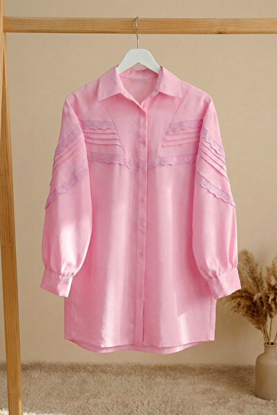 FERHEL Women's Buttoned Tunic Shirt with Scalloped Detail - Powder