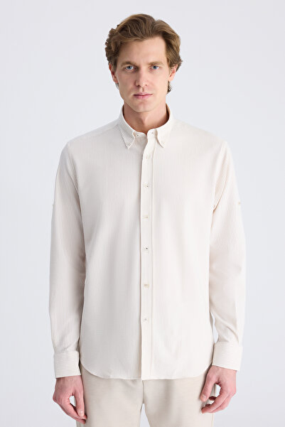 D'S Damat Ds Damat Regular Fit Dark Beige Striped Patterned Cotton Shirt