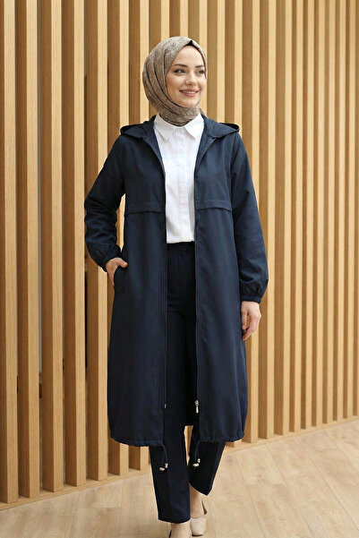 FERHEL Full Zip Hooded Raincoat - Navy Blue