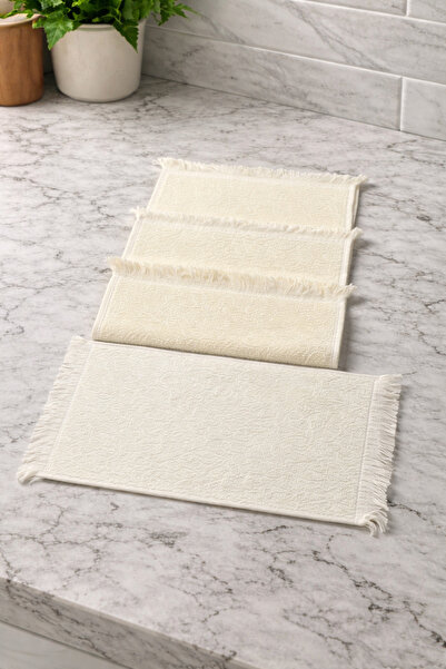 ÖZteks 3 Pieces Cream Color 30-50 cm Fringed Kitchen Towels & Hand and Face T...
