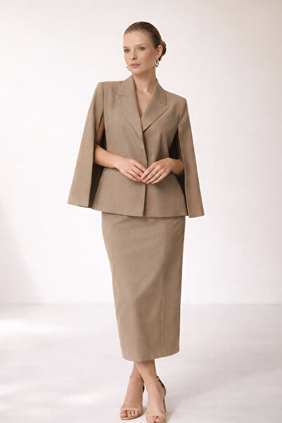 Setre Dark Beige Poncho Jacket with Sleeve and Shoulder Detail