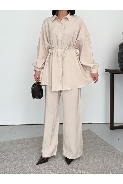 02Lady Fashion Soft Textured Buttoned Shirt and Trousers Set with Tie Detail