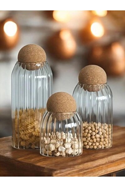 LAVORA Mantar Kapaklı 3'lü Cam Kavanoz Seti (13cm-17cm-26cm)