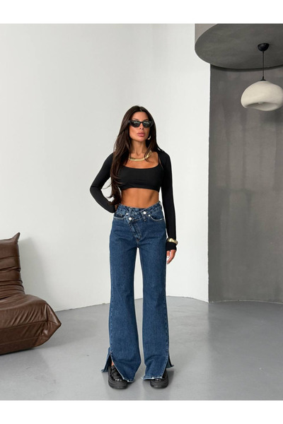 HerTon Παντελόνι τζιν με φαρδιά μπατζάκια, ψηλόμεσο, με λεπτομέρεια σκίσιμο κ...