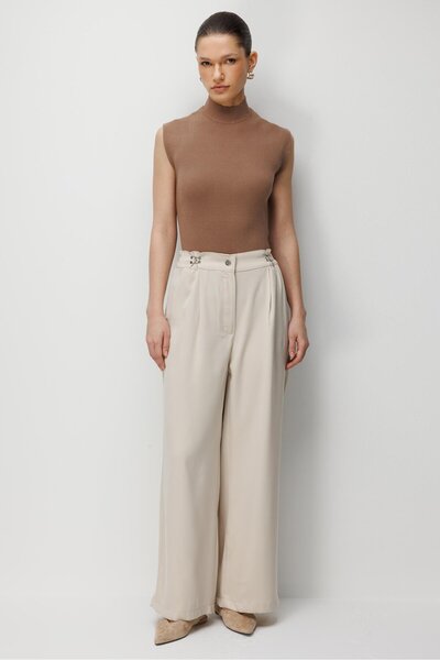 Mixray 4792 Women's Overlap Hook Detailed Draped Trousers Stone