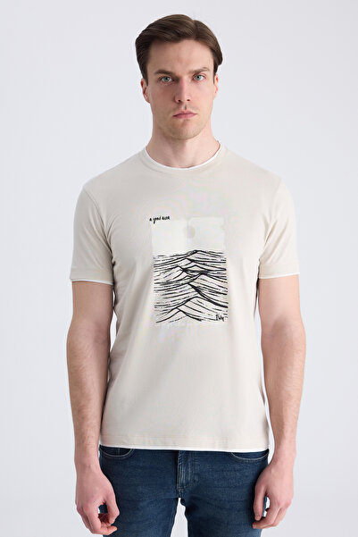 Twn Slim Fit Stone Plain 100% Cotton T-Shirt