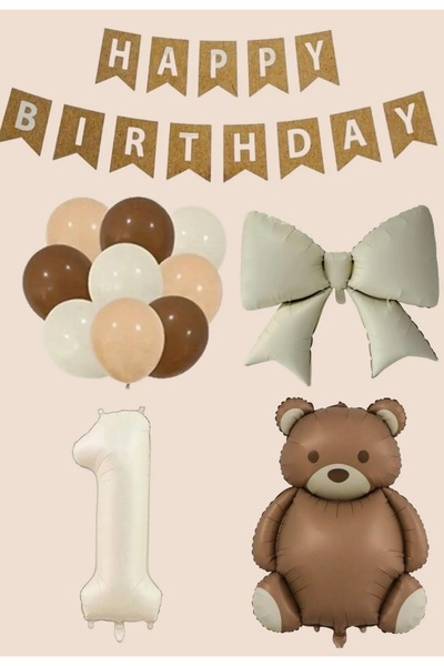 Çemrek Süs Parti Kraft Happy Birthday Lettering Foil Bear Balloon and Bow Bal...