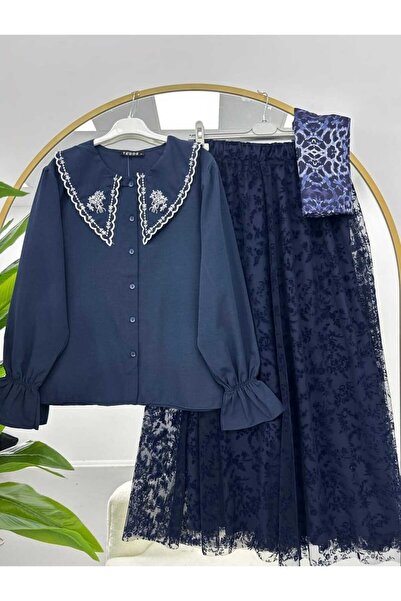 MODA VEDAT Women's Collar Embroidered Shirt - Tulle Patterned Skirt -0650