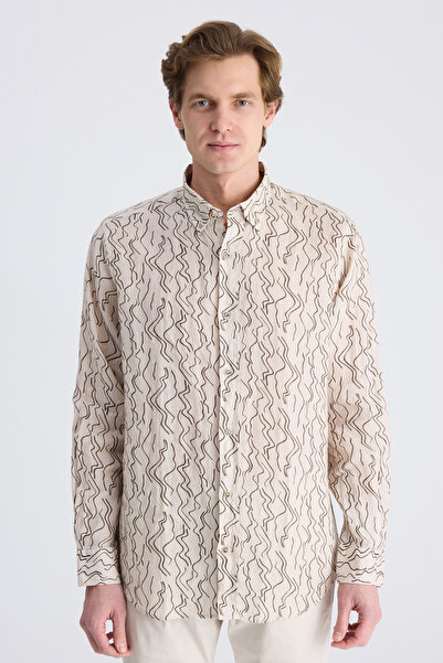 D'S Damat Ds Damat Comfort Beige Printed 100% Linen Shirt