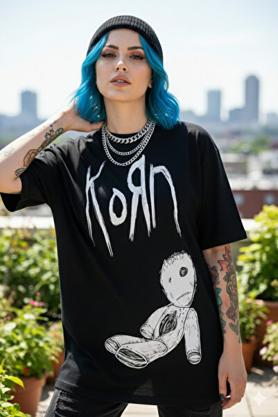 Agolady Korn Printed Oversize T-Shirt - Unisex Black Crew Neck Grunge Streetw...