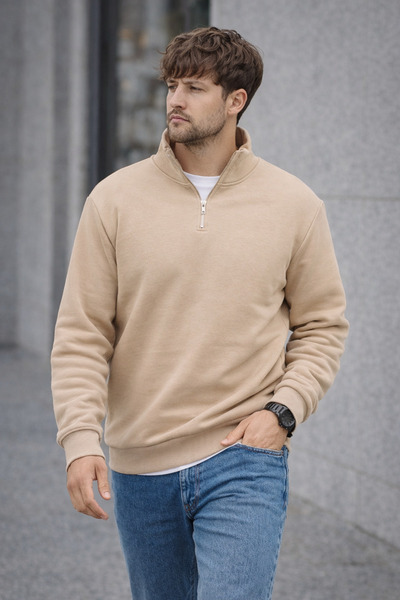 Polo State Unisex Half-Zip Stand Collar Regular Fit Basic Beige Sweatshirt