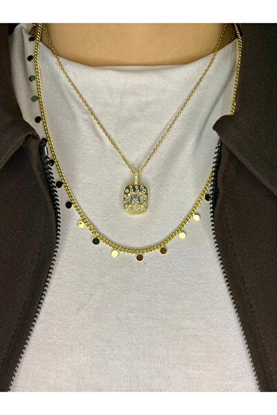 D&Z ACCESSORİES 2'li Vintage Görünümlü Kolye Seti | Zarif Zirkon Taşlı Dikdör...