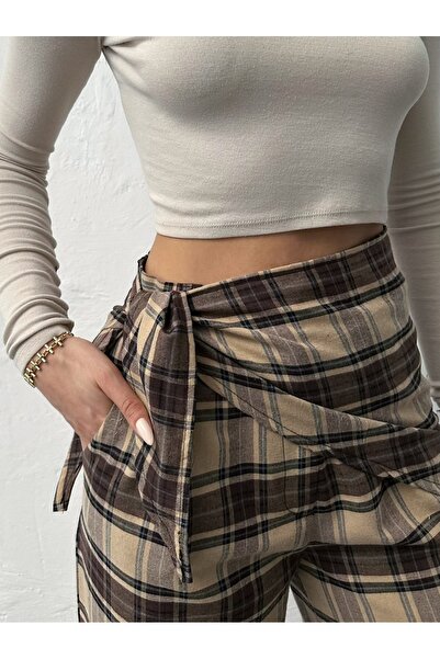 Viskosa Pantaloni Palazzo cu talie înaltă și picior larg, cu model în carouri...