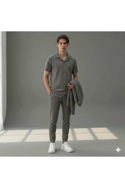 thefun fashion Men's Ribbed Ottoman Fabric Polo Collar T-Shirt and Sweatpants...