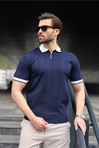 Madmext Lacivert Polo Yaka Triko Erkek Tişört E7470