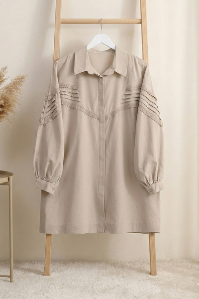 FERHEL Women's Button-Down Tunic Shirt with Scalloped Detail - Light Mink