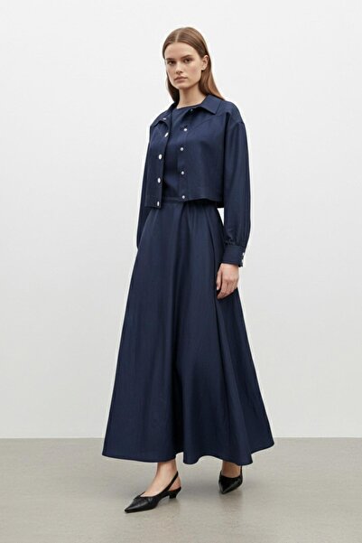 Puane Women's Shirt Collar Snap Crop Jacket Dress - 12660Elb - Navy