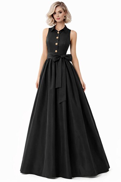 ALYEL NAKER Sleeveless & Belted Maxi Taffeta Stylish Shirt Dress