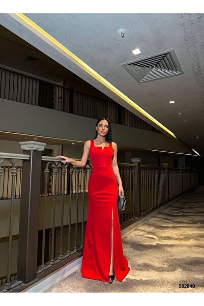 Modafeminen Red North Collar V-Neck Slit Evening Dress 582840