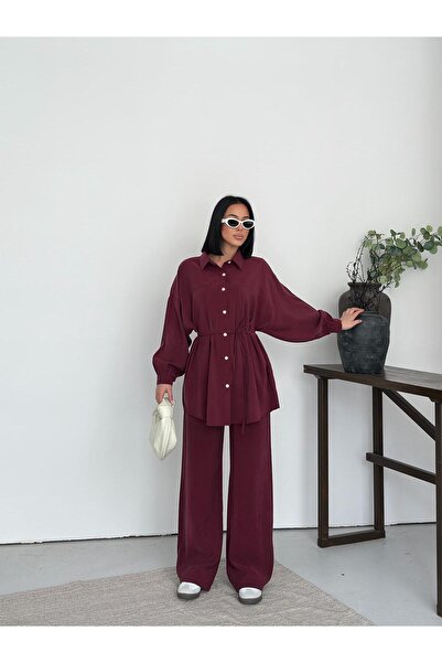 chize Button Soft Textured Shirt and Trousers Set with Tie Detail