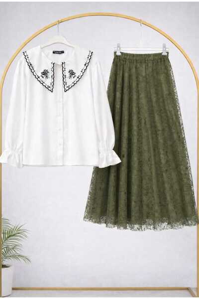 MODA VEDAT Women's Collar Embroidered Shirt - Tulle Patterned Skirt -0650
