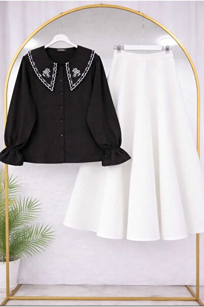 MODA VEDAT Women's Collar Embroidered Shirt - Puff Scuba Skirt Set -520