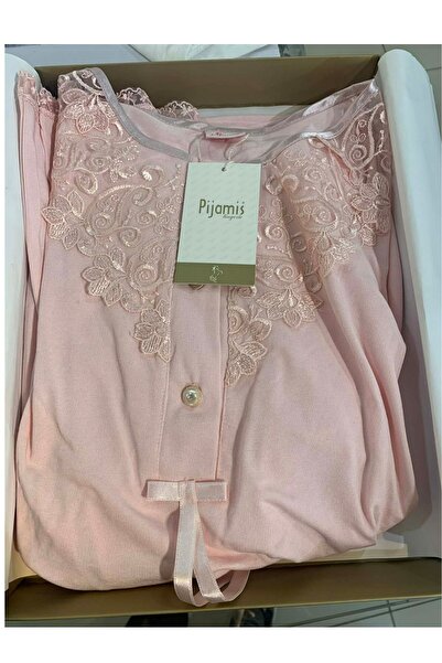 PİJAMİS Stretchy Fabric Lace Detailed Long Sleeve Women's Pajama Set